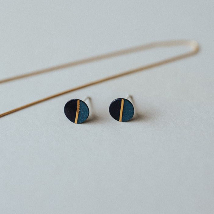 Ceramic earrings mini navy blue gold